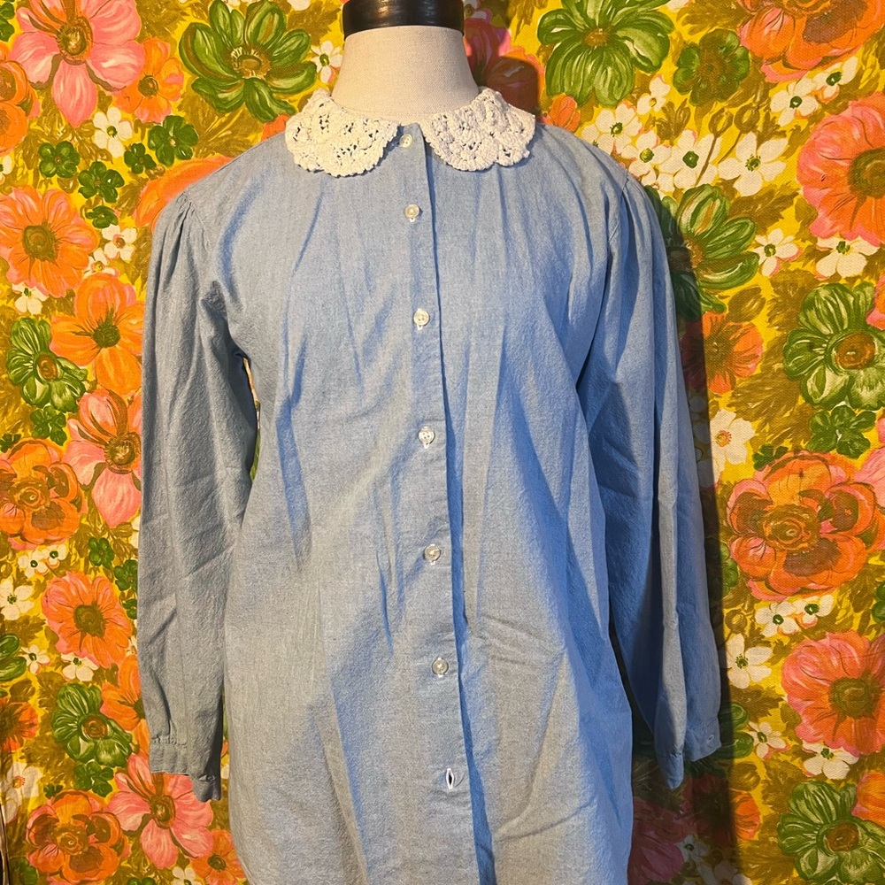 Vintage Chambray Lace Collar Cotton Shirt